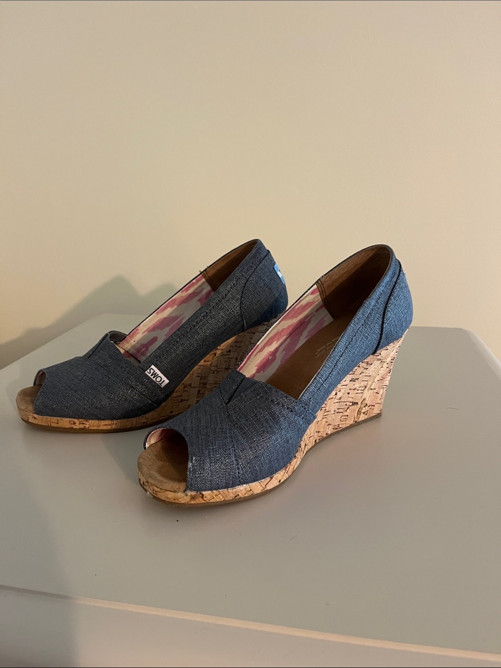 TOMS Denim Peep-Toe Cork Wedge Heels - Blue